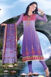 Mystic Purple Faux Georgette Embroidered Churidar Kameez with Dupatta