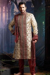 Off White Jacquard Fabric Embroidered Sherwani - S290