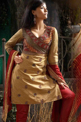 Zeba - Dark Beige and Red Cotton Unstitched Salwar Kameez - S21
