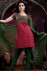 SAARTHI - PINK AND GREEN COTTON UNSTITCHED SALWAR KAMEEZ - S166