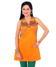 Get Yellow Chanderi Tunic With Mock Shrug at Outsatnding Price
