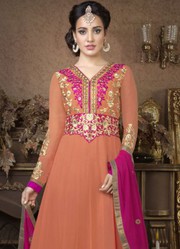 Fabulous Neha Sharma In Peach Floor Length Anarkali Suit low price 